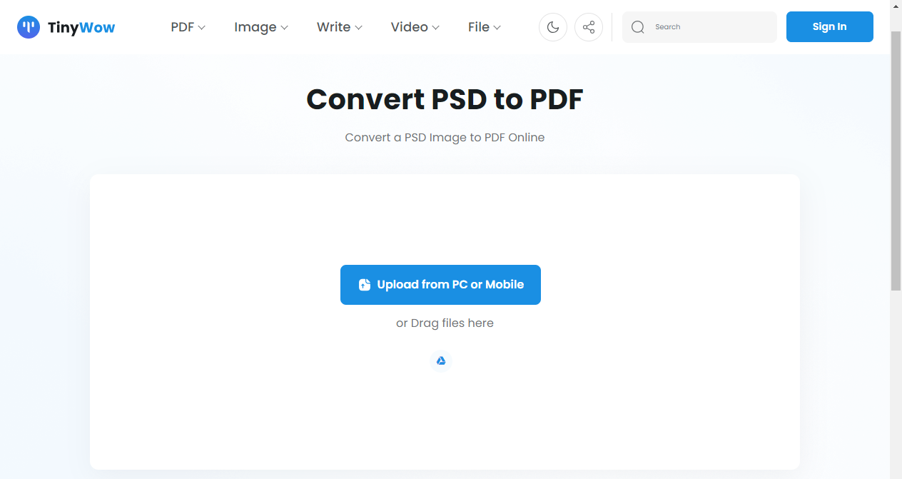 TinyWow Convert PSD to PDF Online