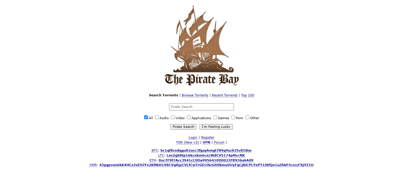 The Pirate Bay interface