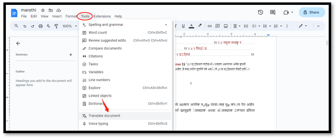 Traduire un PDF en marathi vers l'anglais dans Google Docs