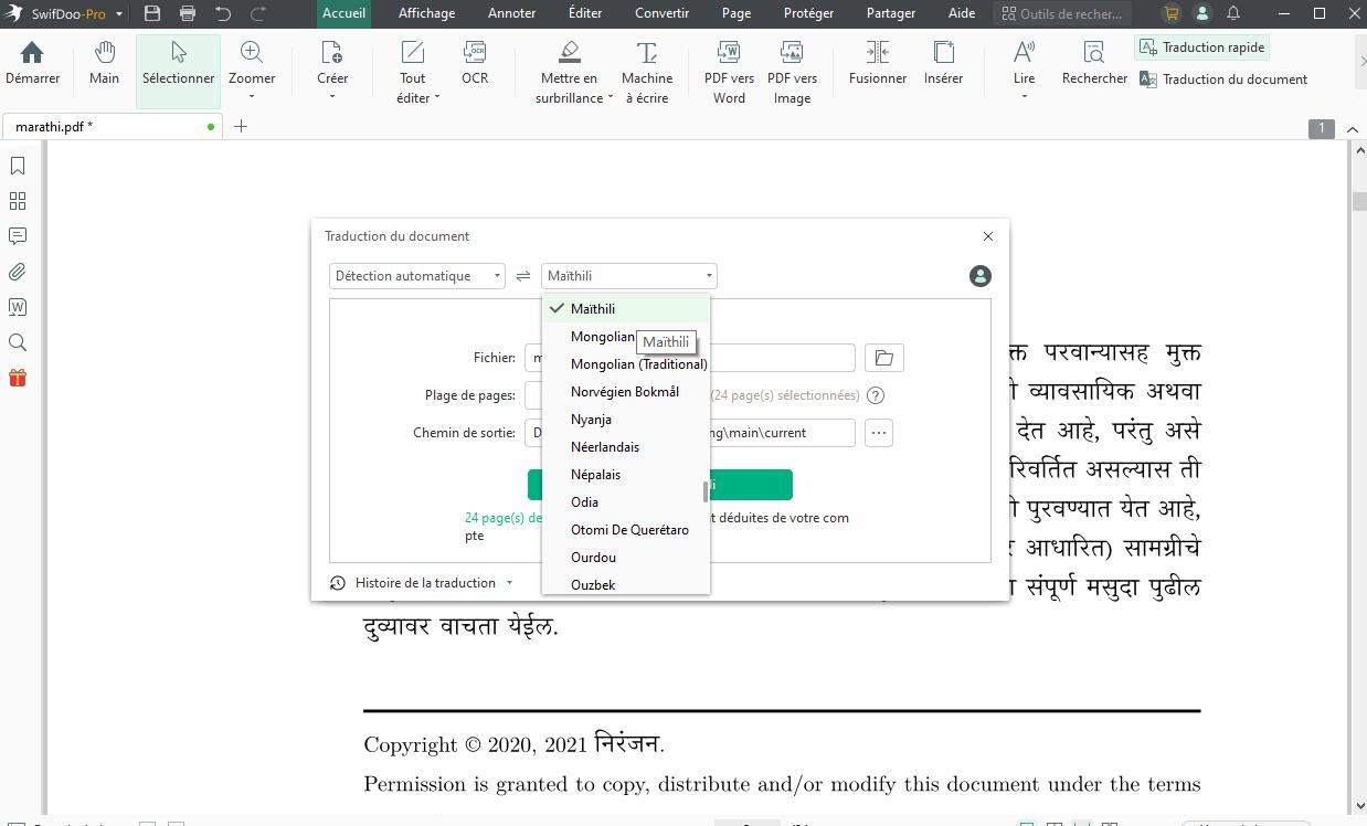Traduire du marathi vers l'anglais pour plusieurs pages PDF à la fois