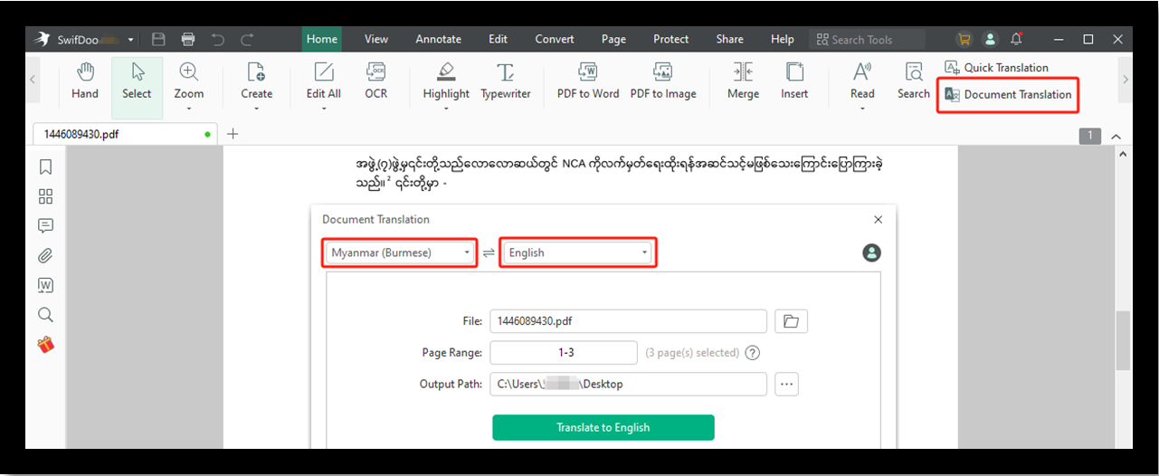 Translate Burmese to English PDF with SwifDoo PDF
