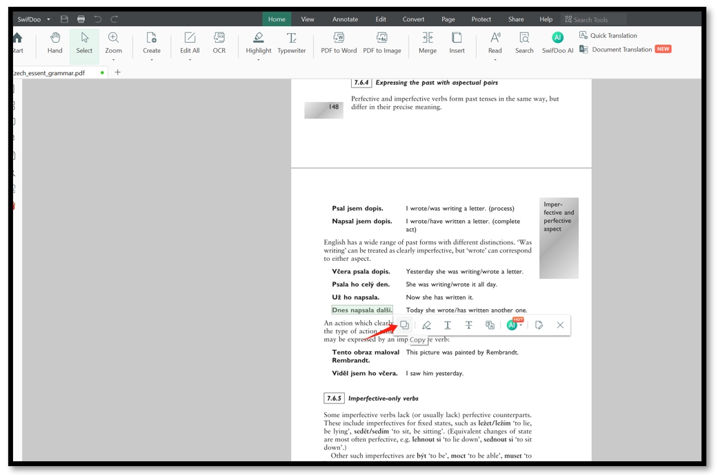 Translate Czech to English for PDF in SwifDoo PDF