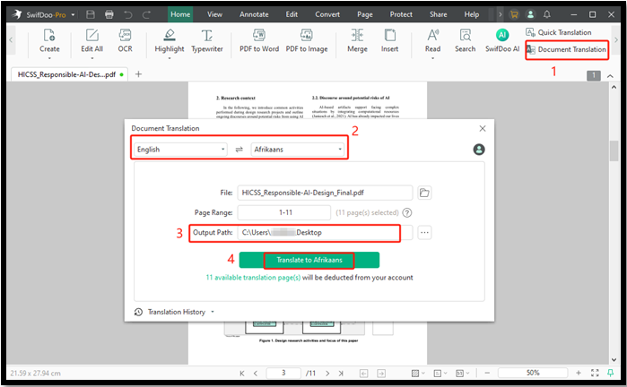 Translate English to Afrikaans in PDF with SwifDoo PDF 2