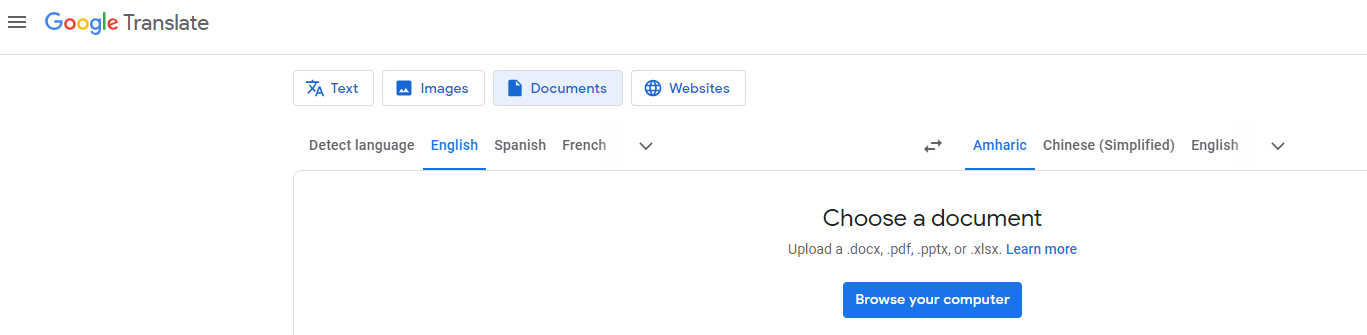 Translate English to Amharic PDF with Google Translate