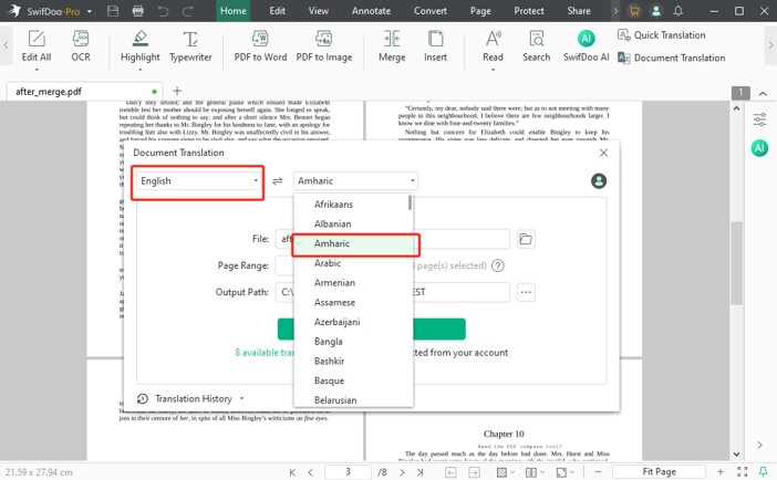 Translate English to Amharic for PDF with SwifDoo PDF 2