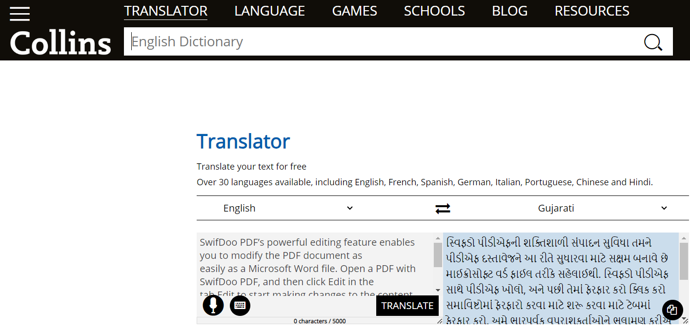 Translate English to Gujarati PDF with Collins Dictionary Translator