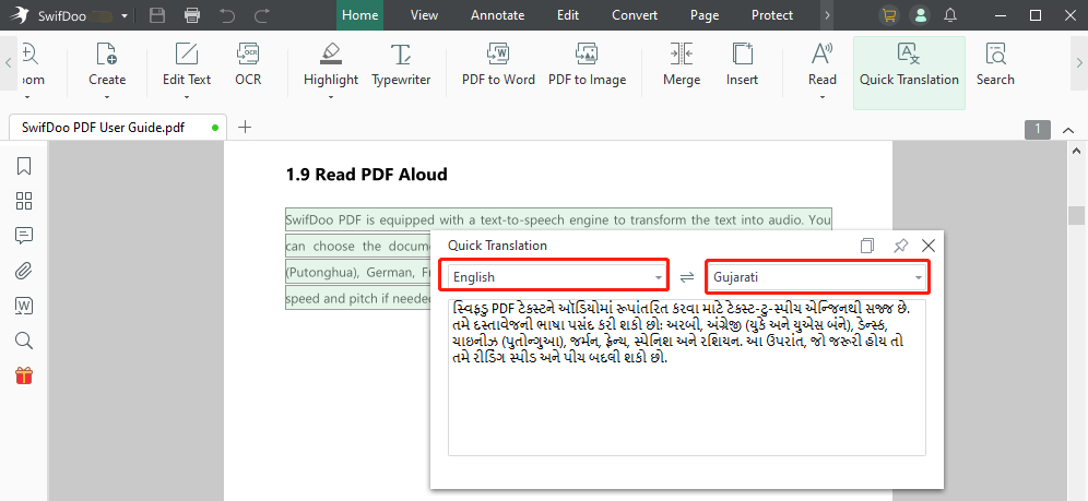 Translate English to Gujarati PDF with SwifDoo PDF step 3