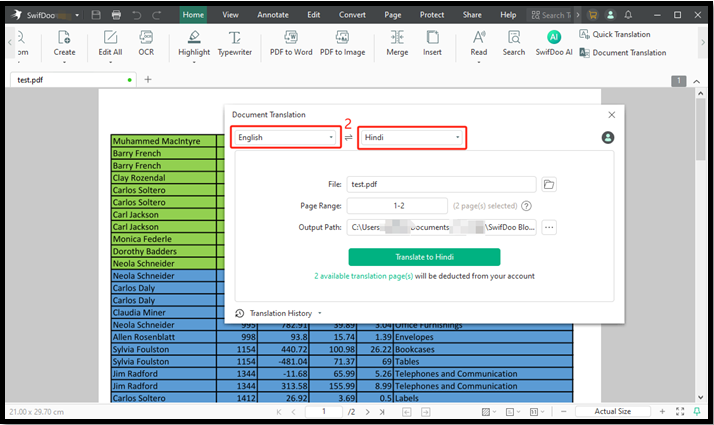 translate English to Hindi in Excel with SwifDoo PDF translator 2