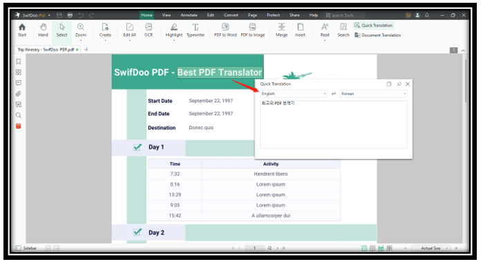 Translate English to Korean for PDF in SwifDoo PDF 2