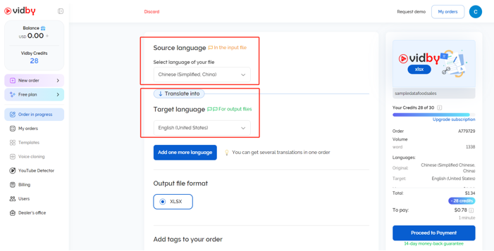 translate Excel file from Chinese to English with vidby 2