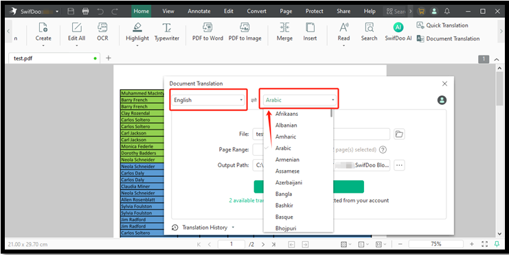 translate Excel sheet from English to Arabic with SwifDoo PDF 2