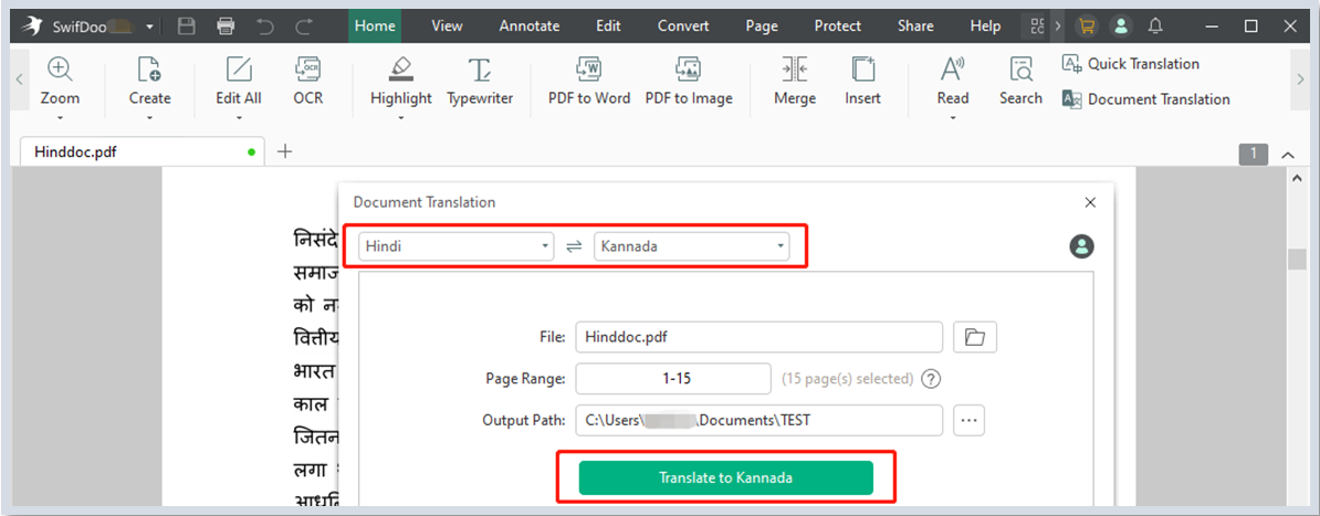 Translate Hindi to Kannada for PDF with SwifDoo PDF step 3