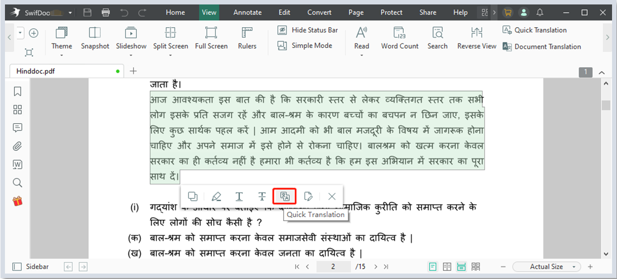 Translate Hindi to Kannada for PDF text with SwifDoo PDF step 2