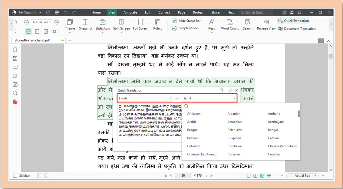 Translate Hindi to Tamil PDF using SwifDoo PDF 2