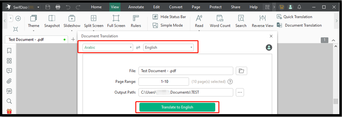 Translate PDF from Arabic to English for entire PDF with SwifDoo PDF step 3