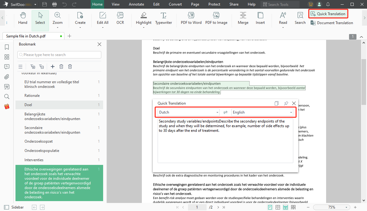 Translate PDF from Dutch to English with SwifDoo PDF translator 2