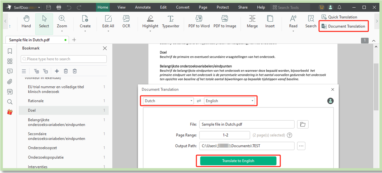 Translate PDF from Dutch to English with SwifDoo PDF translator 1
