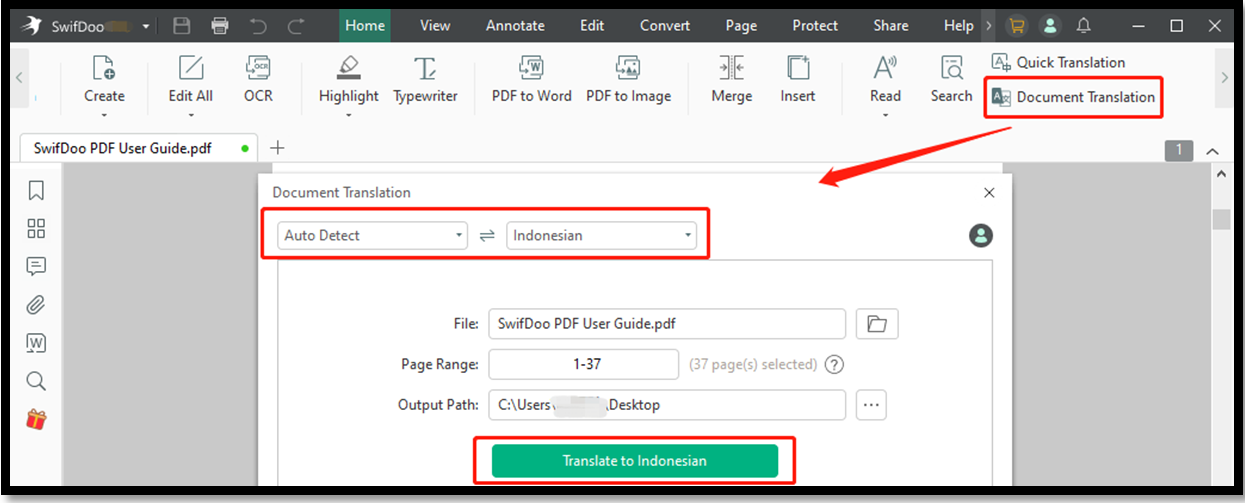 Translate PDF from English to Indonesian with SwifDoo PDF Document Translation