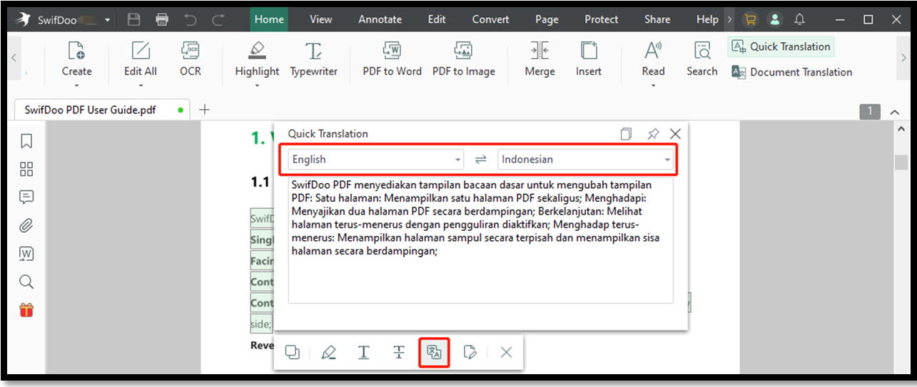 Translate PDF from English to Indonesian with SwifDoo PDF Quick Translation