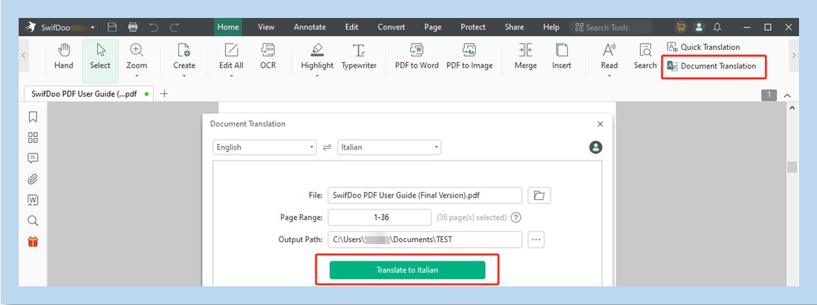 Translate PDF from English to Italian with SwifDoo PDF