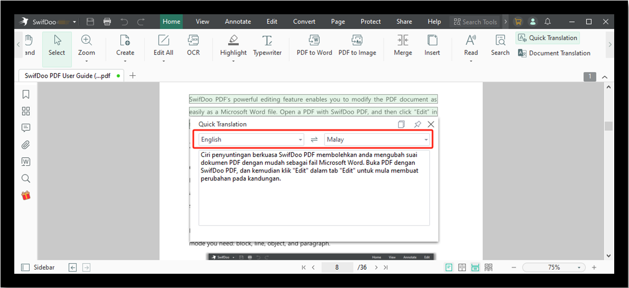 Translate PDF English to Malay on Windows with SwifDoo PDF 2