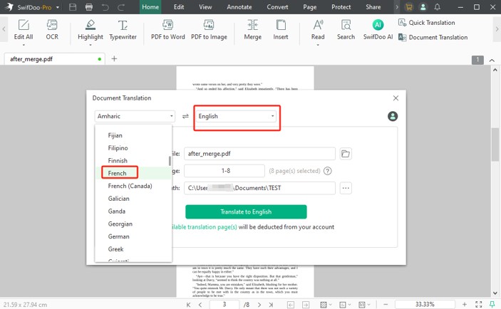 Translate PDF from French to English with SwifDoo PDF 2
