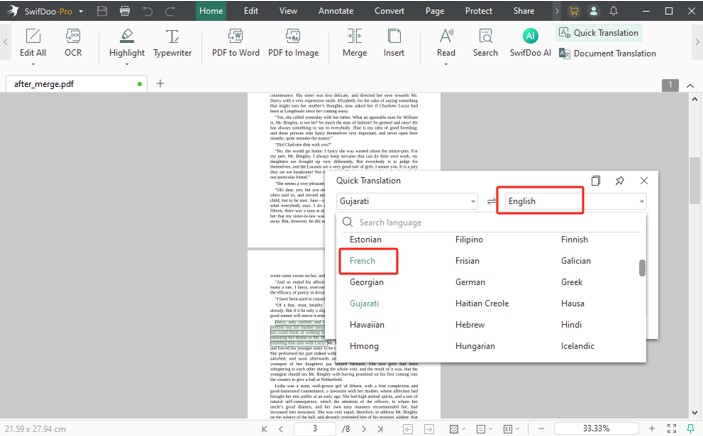Translate PDF from French to English with SwifDoo PDF 3