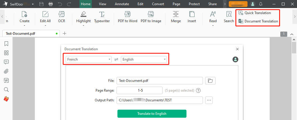 Translate PDF from French to English with SwifDoo PDF