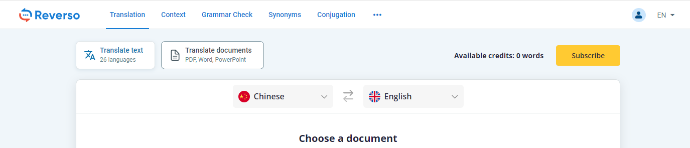 Translate PDF from Chinese to English with Reverso translator