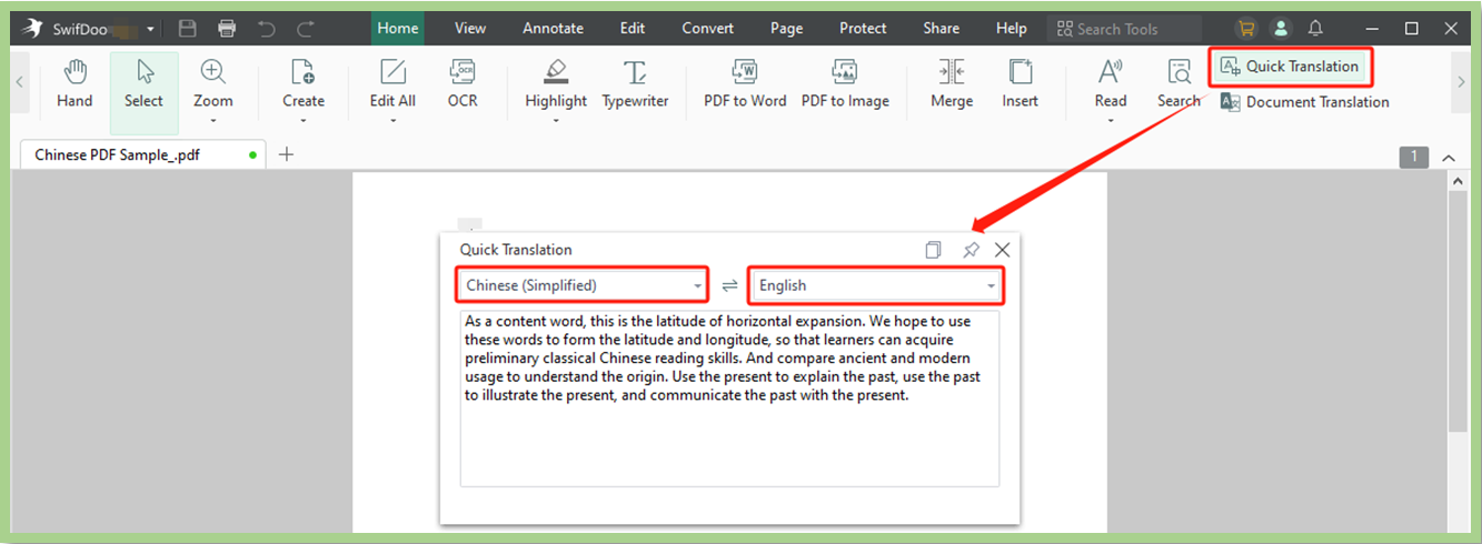 Translate PDF from Chinese to English with SwifDoo PDF translator 2