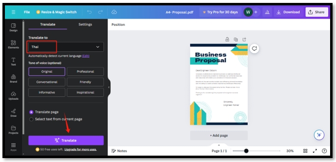 Translate PDFs from English to Thai in Canva