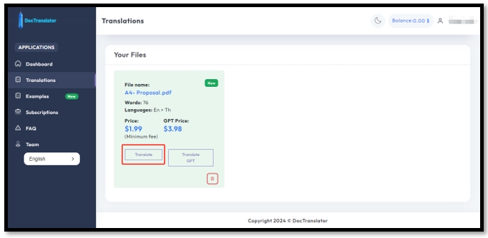 Translate PDFs from English to Thai in DocTranlator