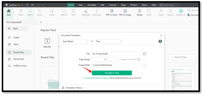 Translate PDFs from English to Thai in SwifDoo PDF