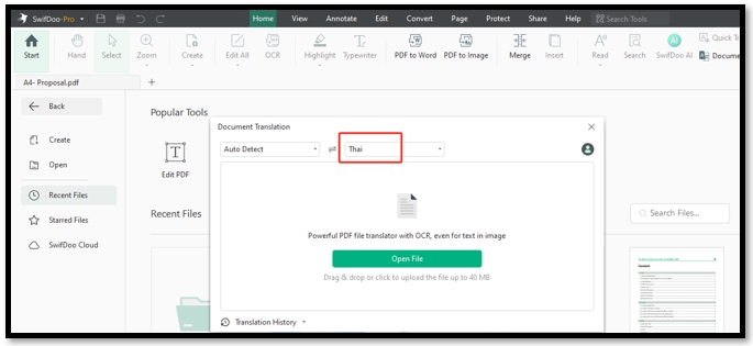 Translate PDFs from English to Thai in SwifDoo PDF