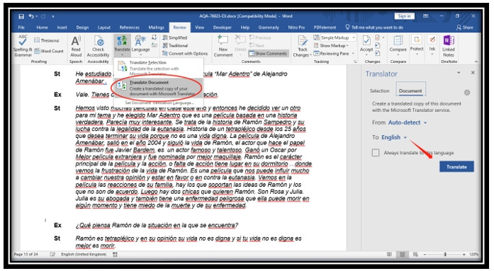 Translate PDFs from Spanish to English in MS Word
