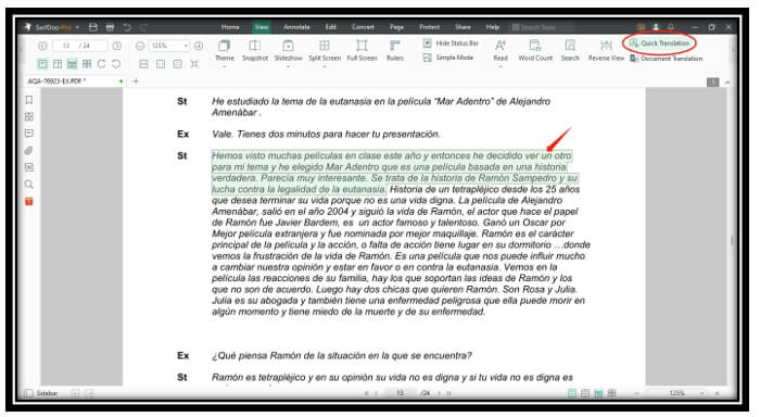 Translate PDFs from Spanish to English in SwifDoo PDF 1