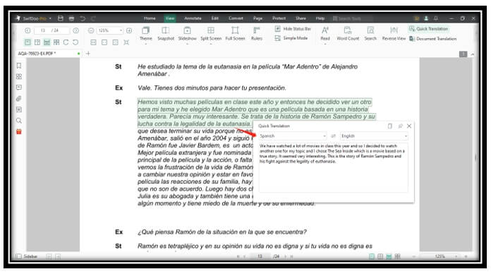 Translate PDFs from Spanish to English in SwifDoo PDF 2