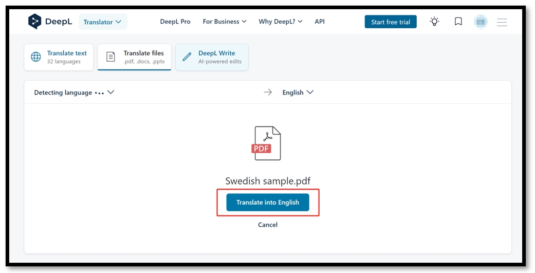 Translate PDF from Swdish to English for free