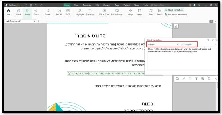 Translate PDF from Hebrew to English in SwifDoo PDF Word by Word 1