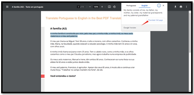 Translate PDF Portuguese to English in Google Chrome 1