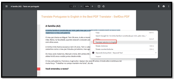 Translate PDF Portuguese to English in Google Chrome