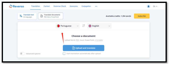 Translate PDF Portuguese to English in Reverso