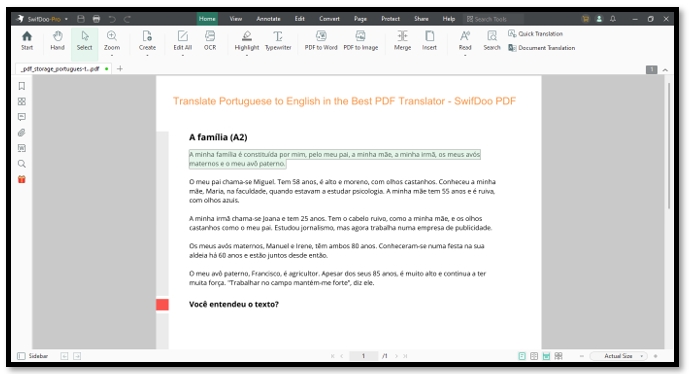 Translate PDF Portuguese to English in SwifDoo PDF 1