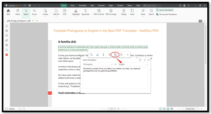 Translate PDF Portuguese to English in SwifDoo PDF 2
