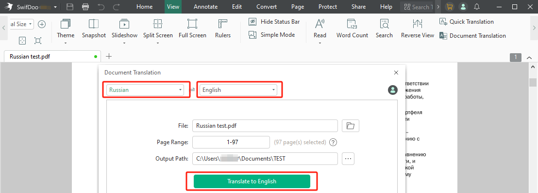 Translate PDF from Russian to English with SwifDoo PDF step 3