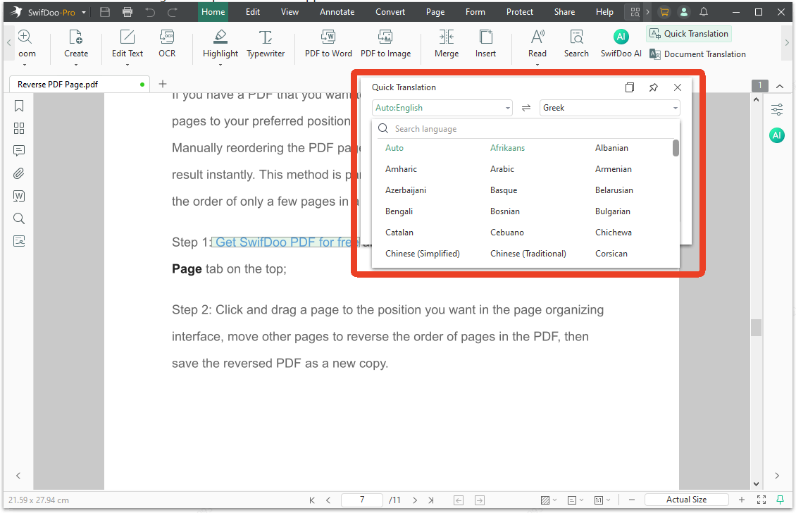 SwifDoo PDF Translate to language