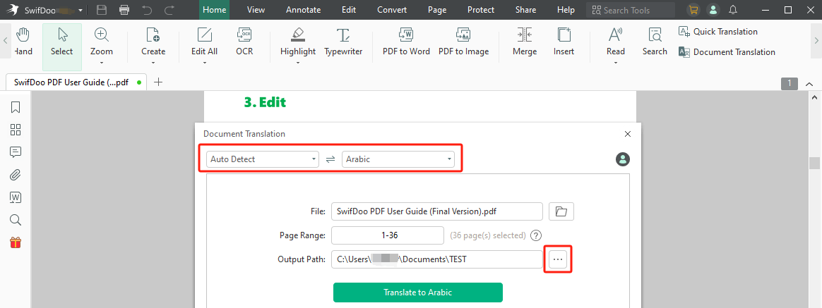 Translate PDF to Arabic with SwifDoo PDF step 2