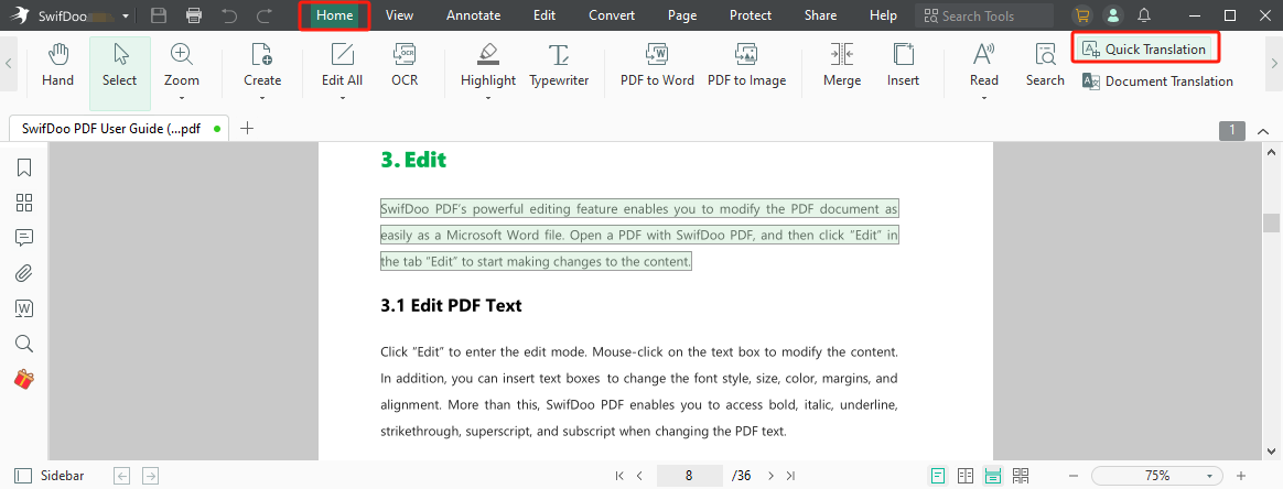 Translate PDF to Arabic with SwifDoo PDF Quick Translation step 2