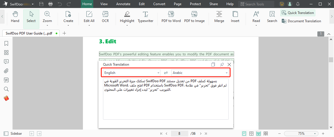 Translate PDF to Arabic with SwifDoo PDF Quick Translation step 3