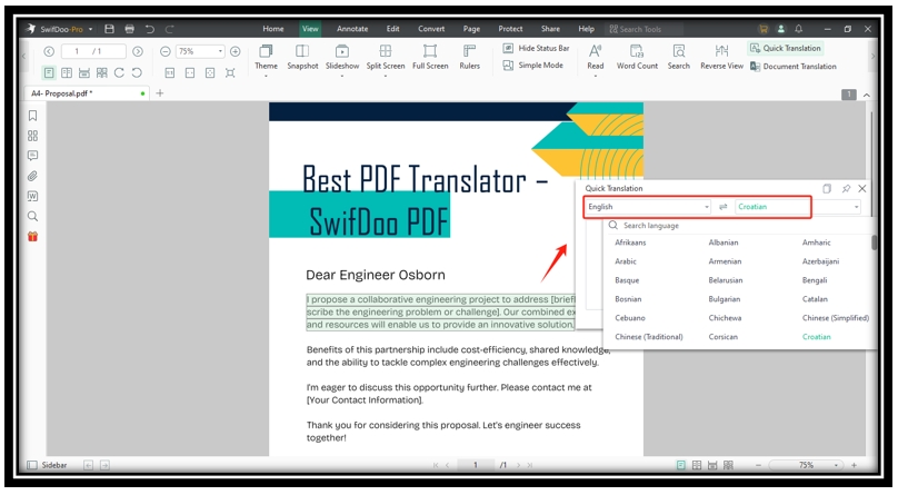Translate PDF to Croatian in SwifDoo PDF 1